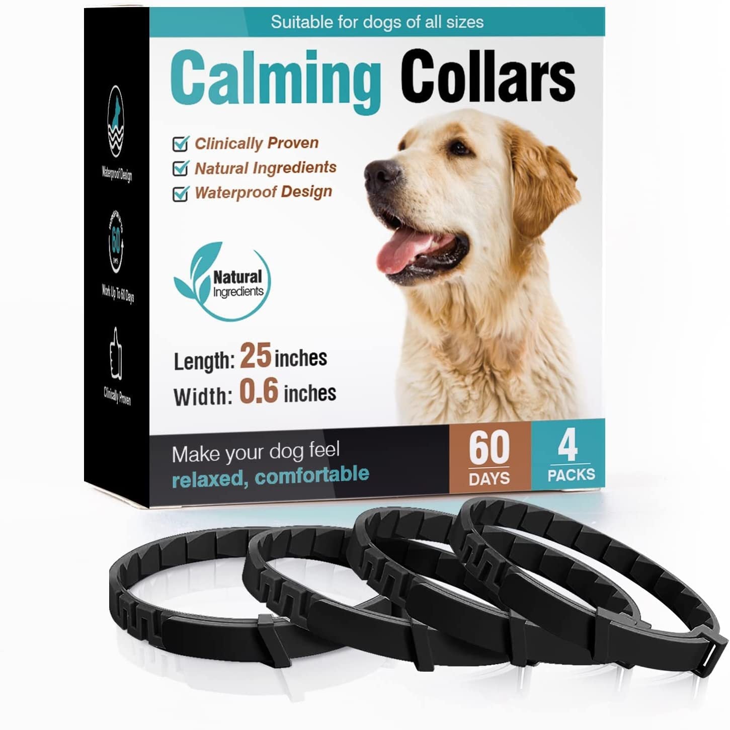 Box of calming collars for dogs with a dog on the packaging and collars in front.