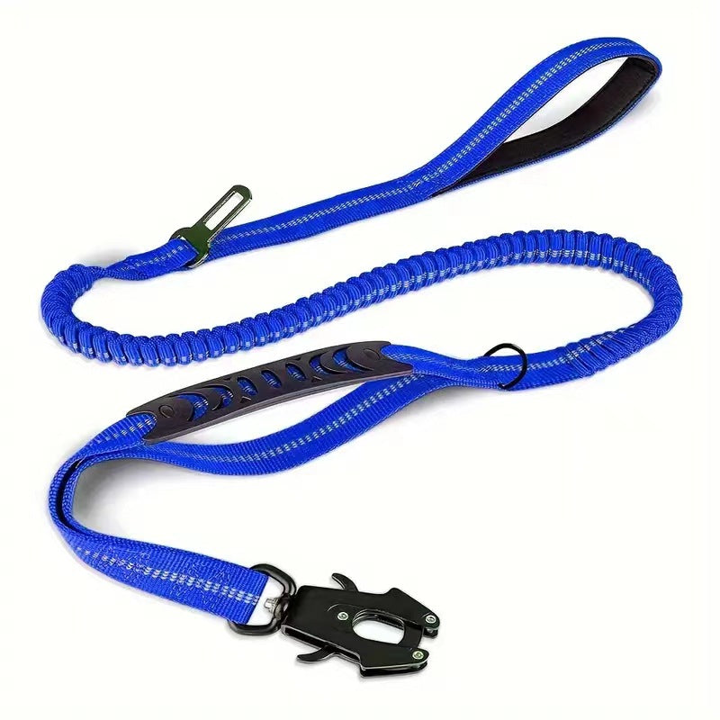 Blue dog leash with black clip on a white background