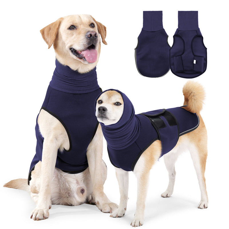 Two dogs wearing navy blue calming hoodies on a white background.