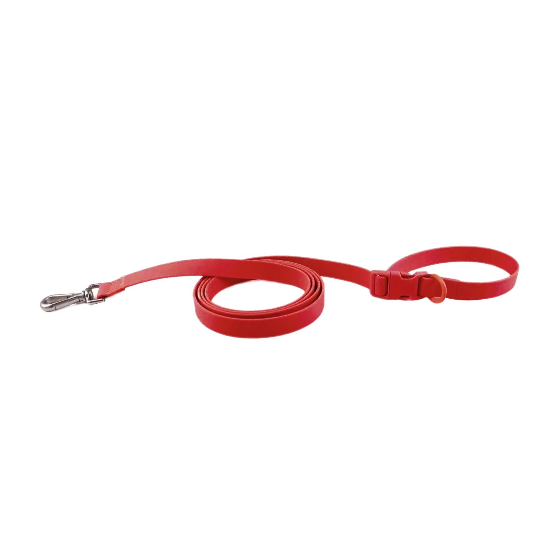Red dog leash with a silver clasp on a white background