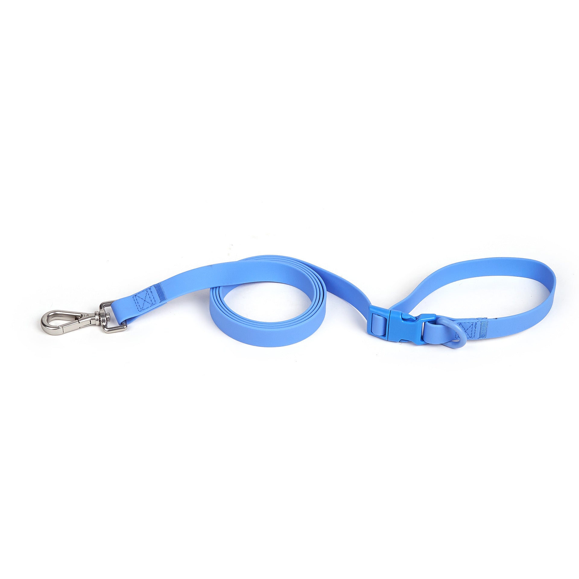 Blue dog leash with a clip on a white background