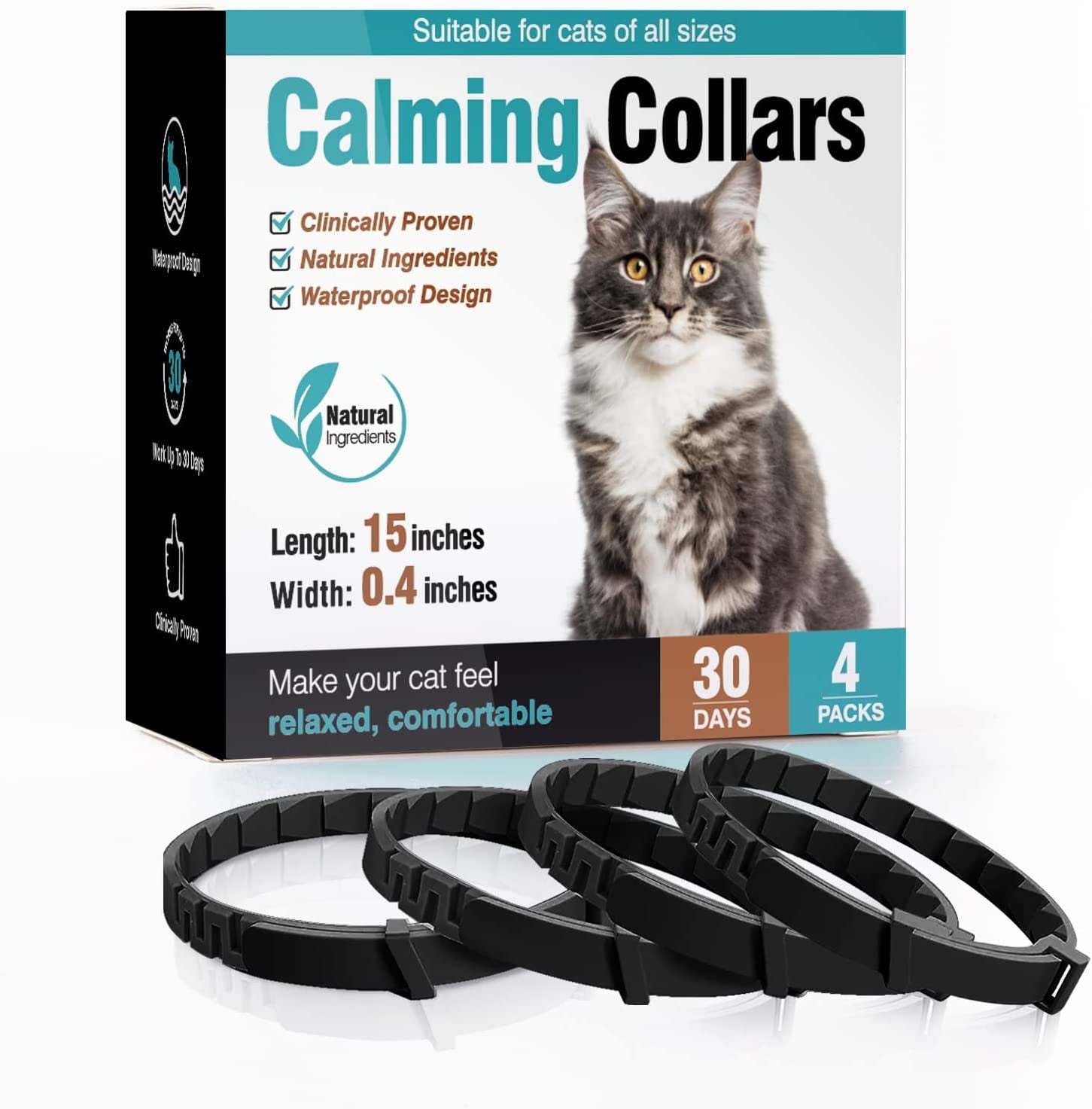 Cat calming collar packaging with a cat illustration and product details.