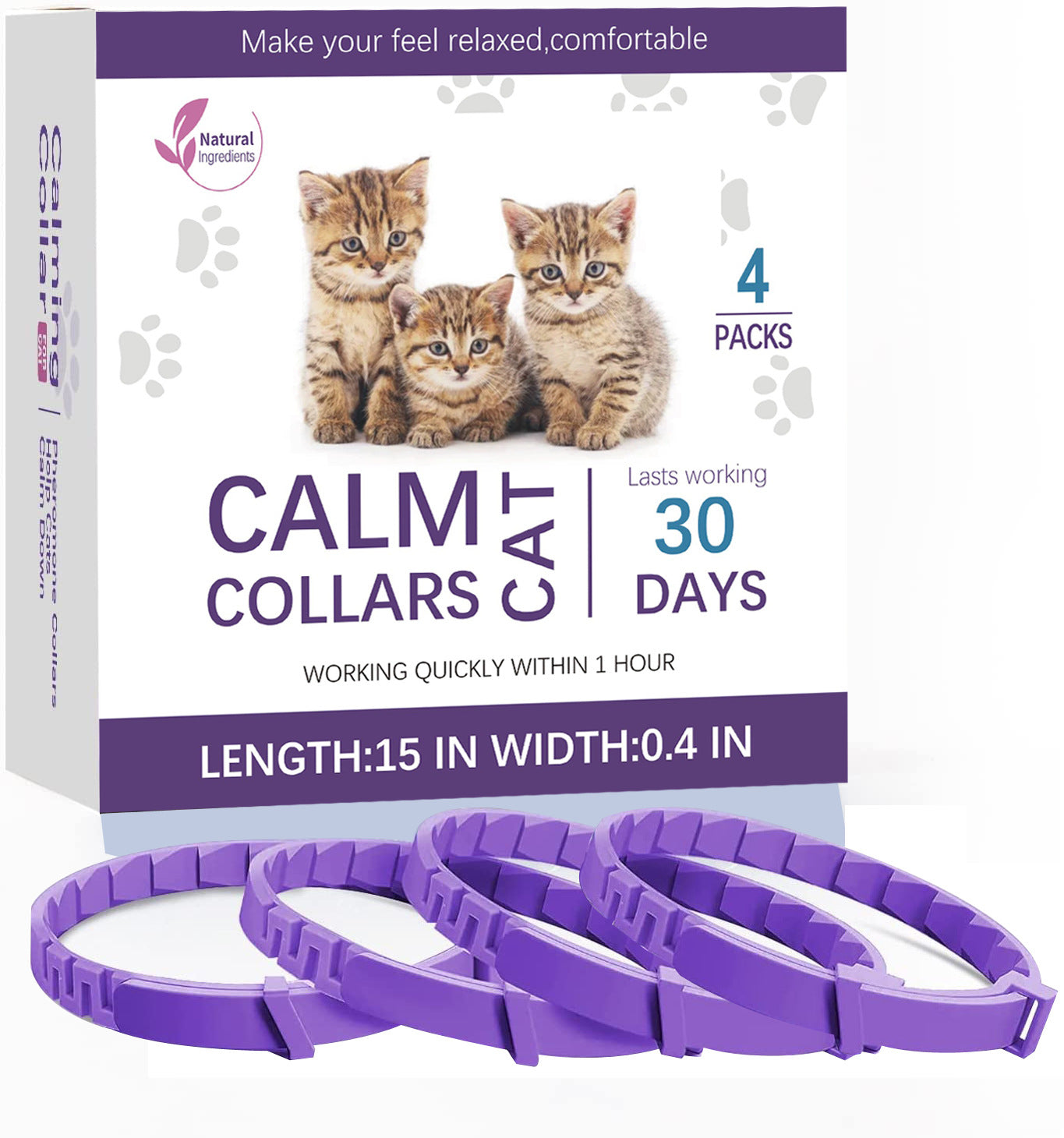 Cat calm collar packaging with three kittens on a white background