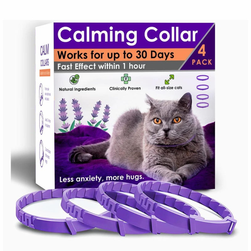 Cat calming collar packaging with a cat on a purple cushion