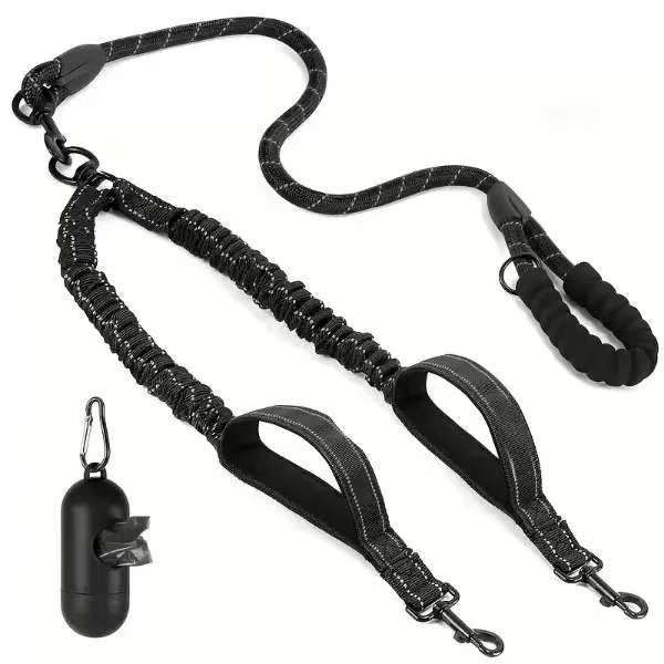 Black dog lead with handle and clip on a white background