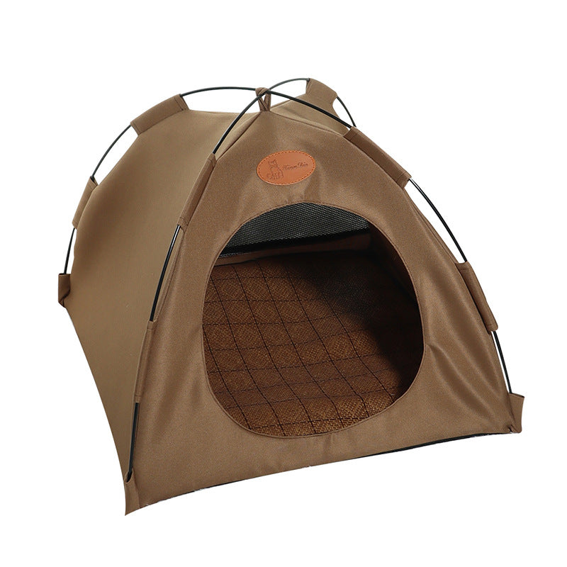 Brown pet tent with quilted interior on a white background