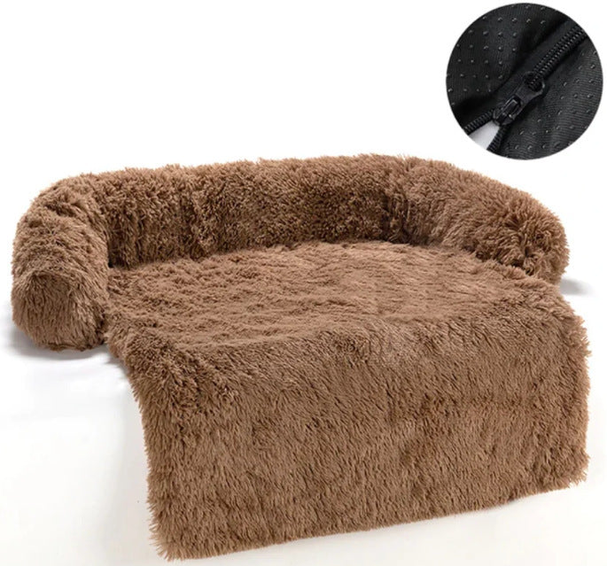 Brown fluffy pet bed with a close-up of a zipper on a white background