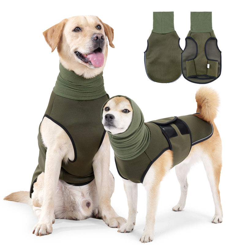 Two dogs wearing green calming hoodies on a white background