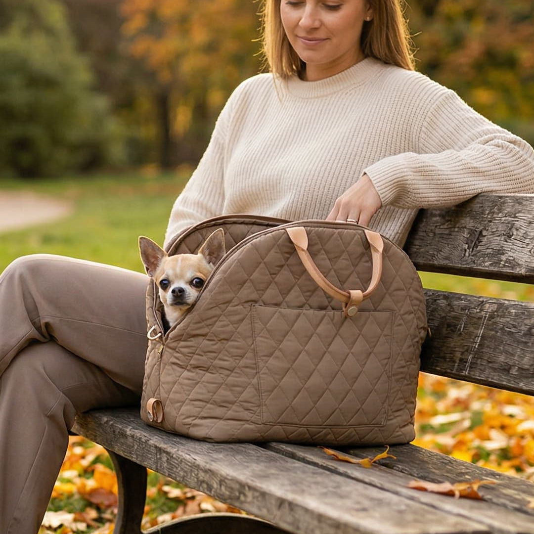Woman sitting on a bench with a dog inside a quilted pet carrier in an autumn park.