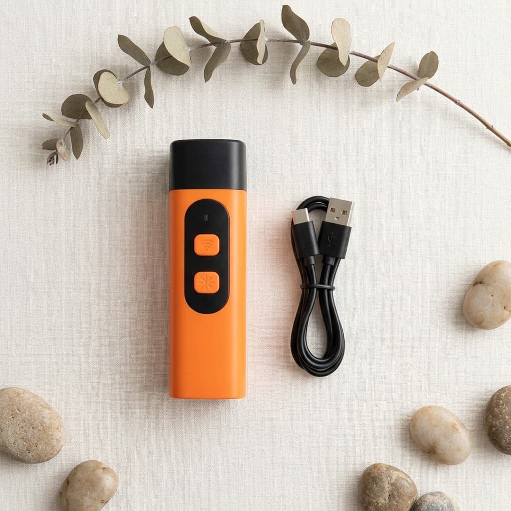 An orange and black portable ultrasonic dog bark stopper with a black USB charging cable, styled in a flat-lay arrangement on a textured off-white fabric background with decorative eucalyptus leaves and small stones.