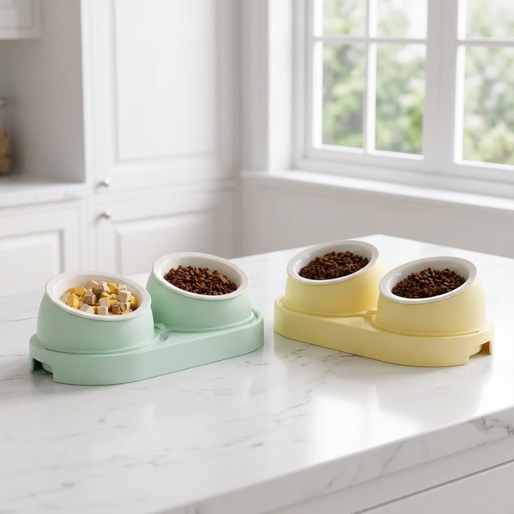 Two elevated double bowls for pet food, one mint green and one pale yellow, shown on a white marble kitchen counter with food inside the bowls.