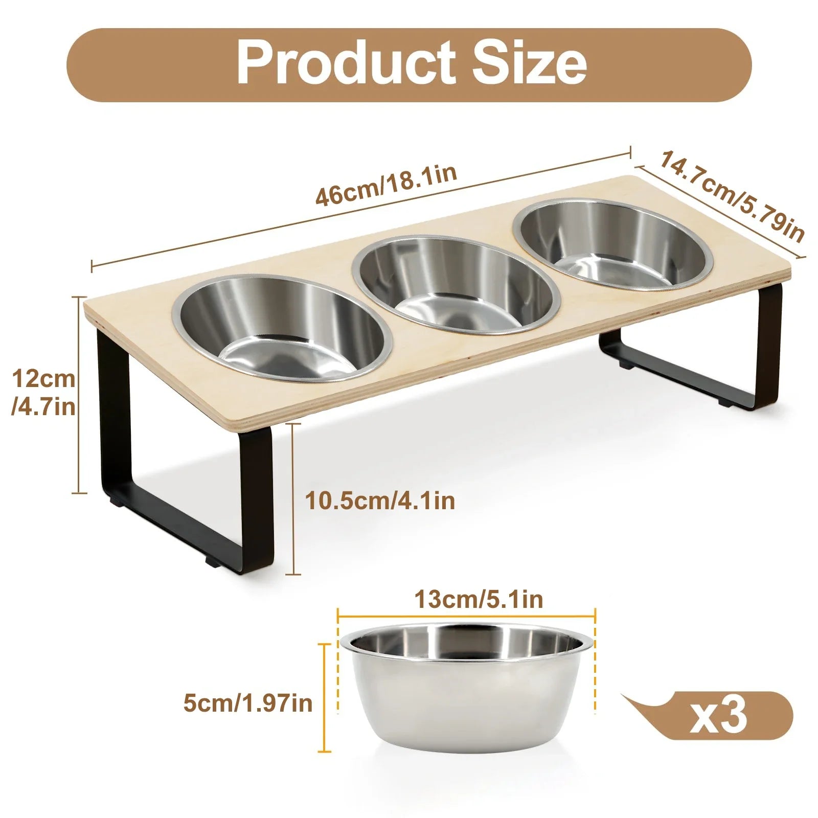 Pet feeding station with three stainless steel bowls and dimensions on a white background