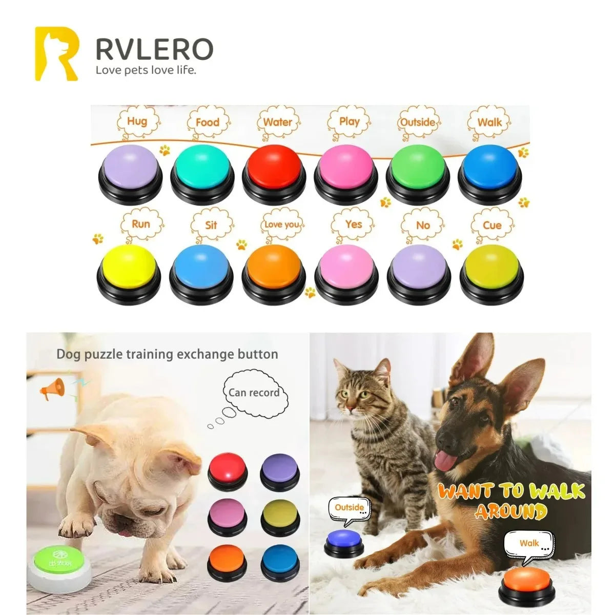 Set of colorful buttons with text labels and images of pets interacting with them, branded as RVLERO.