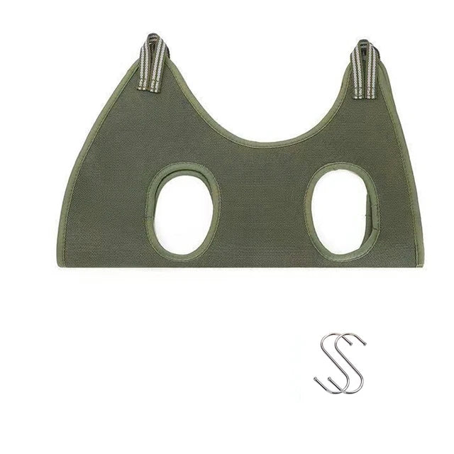 Green cat harness with metal hooks on a white background