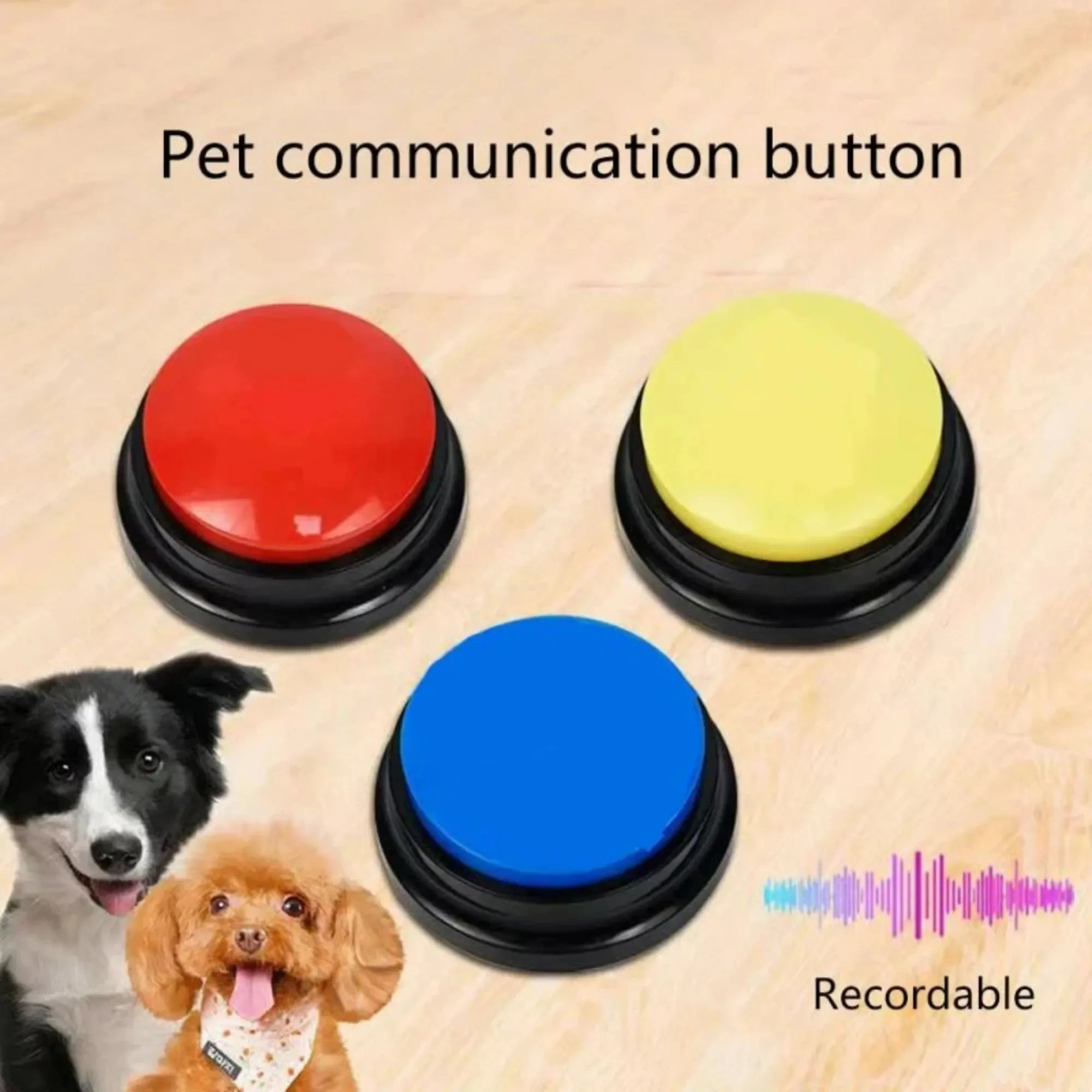 Three colorful pet communication buttons with a dog and a dog toy in the background on a wooden surface.