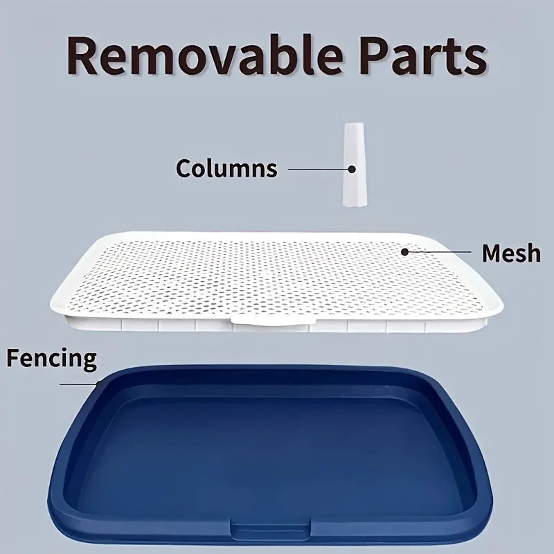 Diagram of a pet playpen with labeled removable parts on a gray background