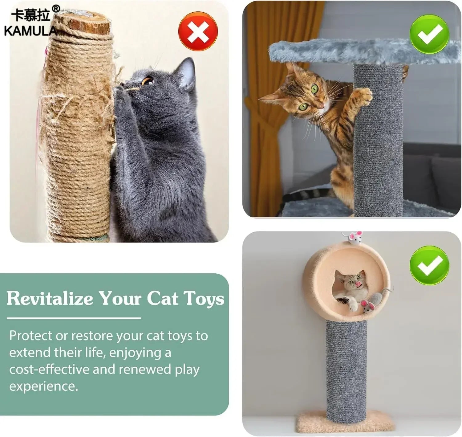 Comparison of a cat using a damaged and intact scratching post with text on revitalizing cat toys.
