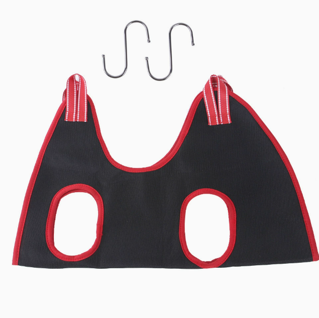 Black and red pet harness with red trim and two metal S-hooks, shown on a plain white background.