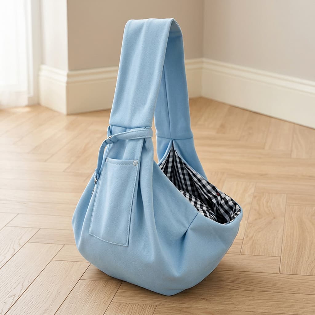 A light blue slouchy shoulder bag with a wide strap, a front pocket, and a black-and-white checkered interior lining, set on a light wood floor in a room with beige walls.