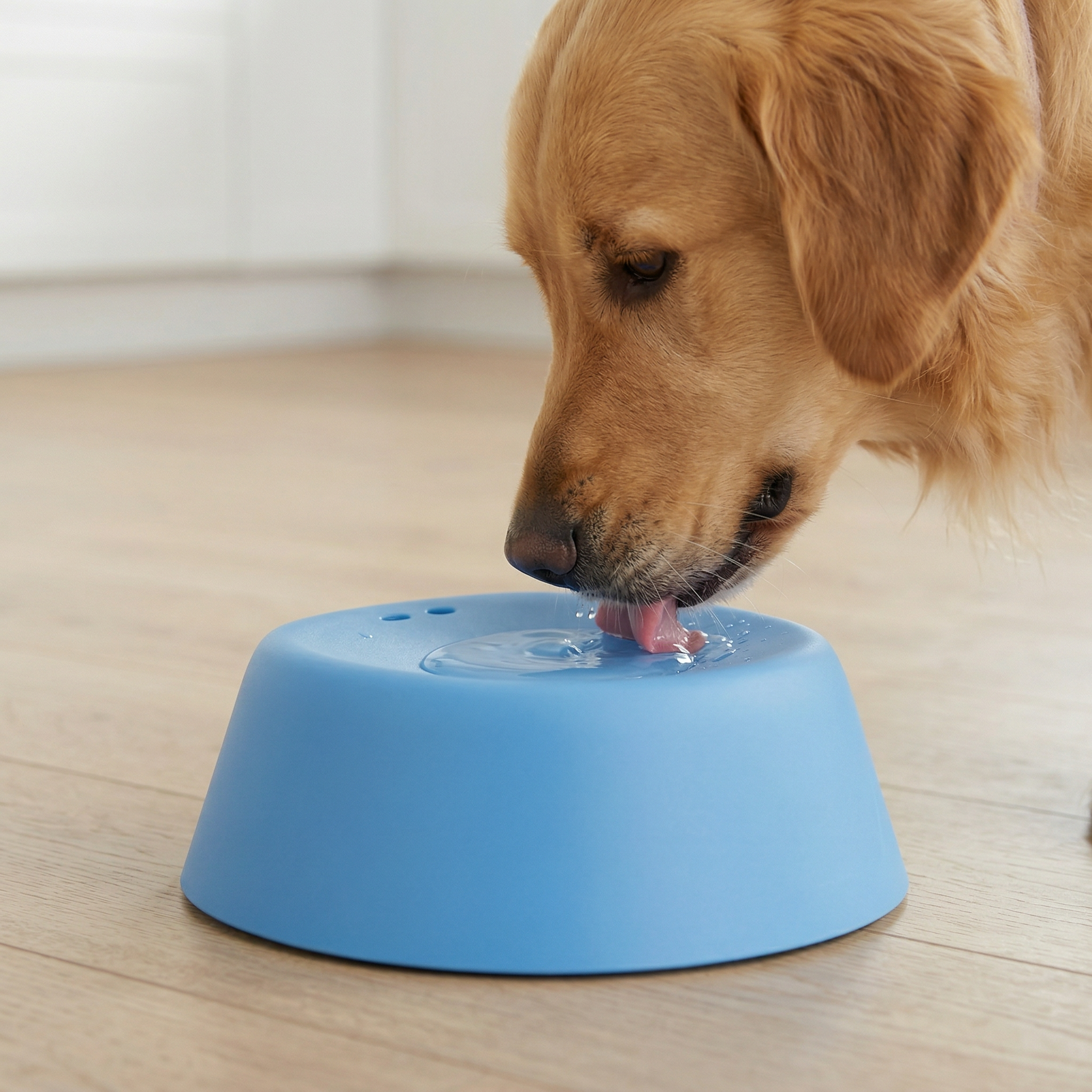 Dog drinking water from a blue bowl on a wooden floor.