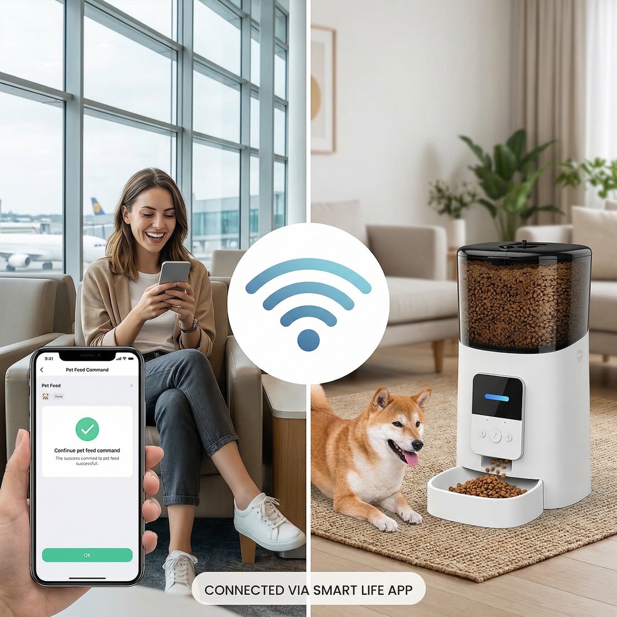 Woman using a smartphone app to control a smart pet feeder with a dog eating from it.