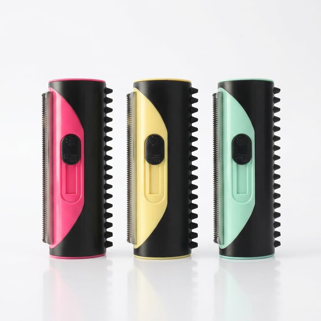 Hot pink, pastel yellow and mint green 2-in-1 easy clean pet grooming brushes displayed side by side on white background