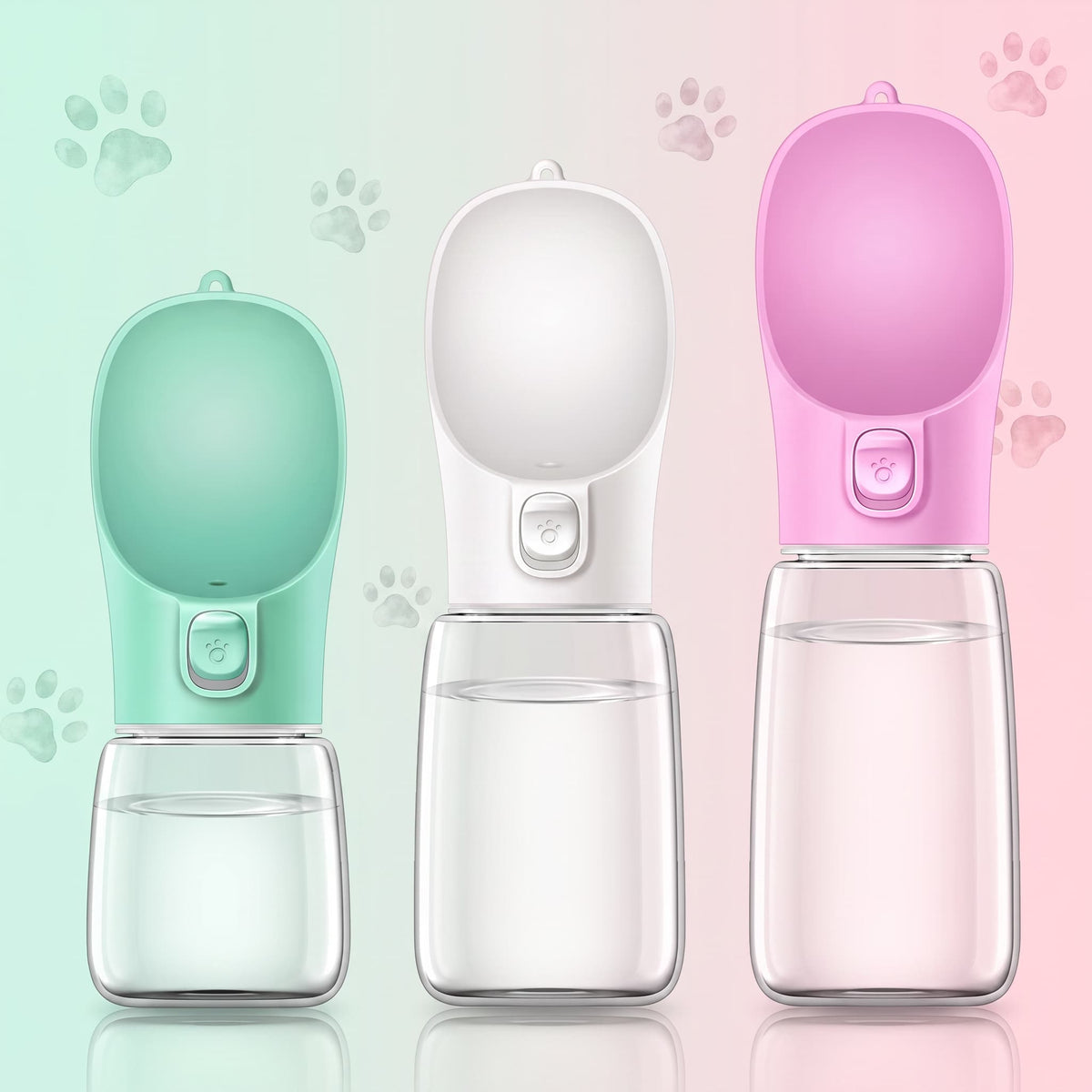 Mint green, white and pink portable pet water bottles in small, medium and large sizes displayed on a soft pastel gradient background