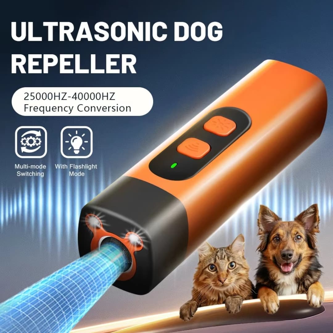 Orange ultrasonic dog bark stopper with text and images of a dog and cat.