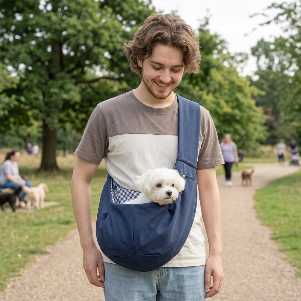 A man wearing a grey and white t-shirt walks on a park path with a small white dog in a navy blue pet carrier sling worn cross-body.