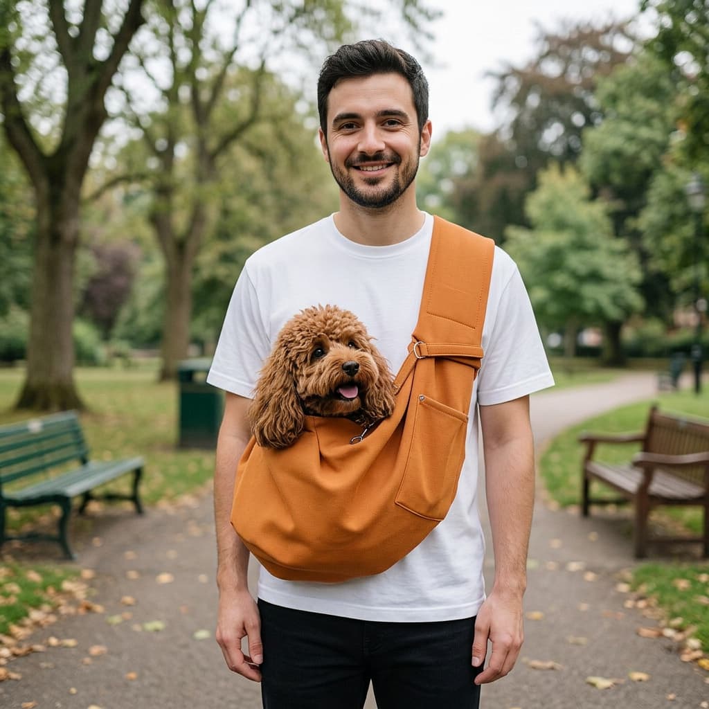 A man wearing a white t-shirt and black pants stands in a park with a small brown poodle in a camel-brown pet sling carrier worn across his chest.
