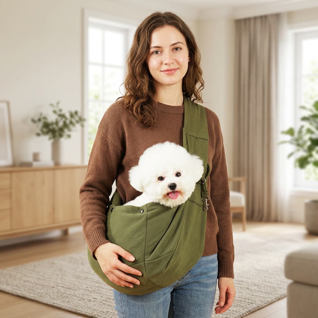 A woman wearing a brown sweater and blue jeans carries a small white dog in an olive green pet carrier wrap against a softly blurred living room background.