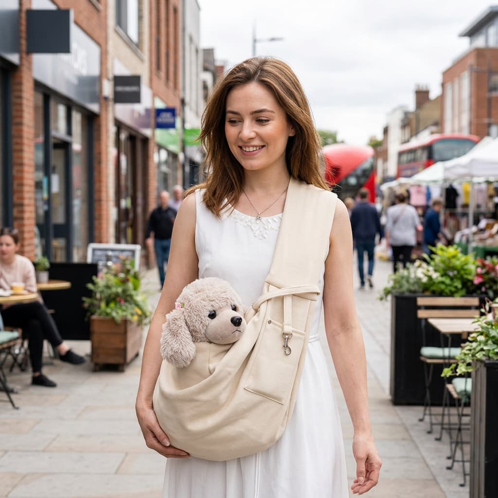 A woman in a white dress walks down a city street carrying a plush cream-colored dog in a beige pet sling carrier worn crossbody. The street features brick buildings, outdoor cafe seating, and pedestrians in the background.