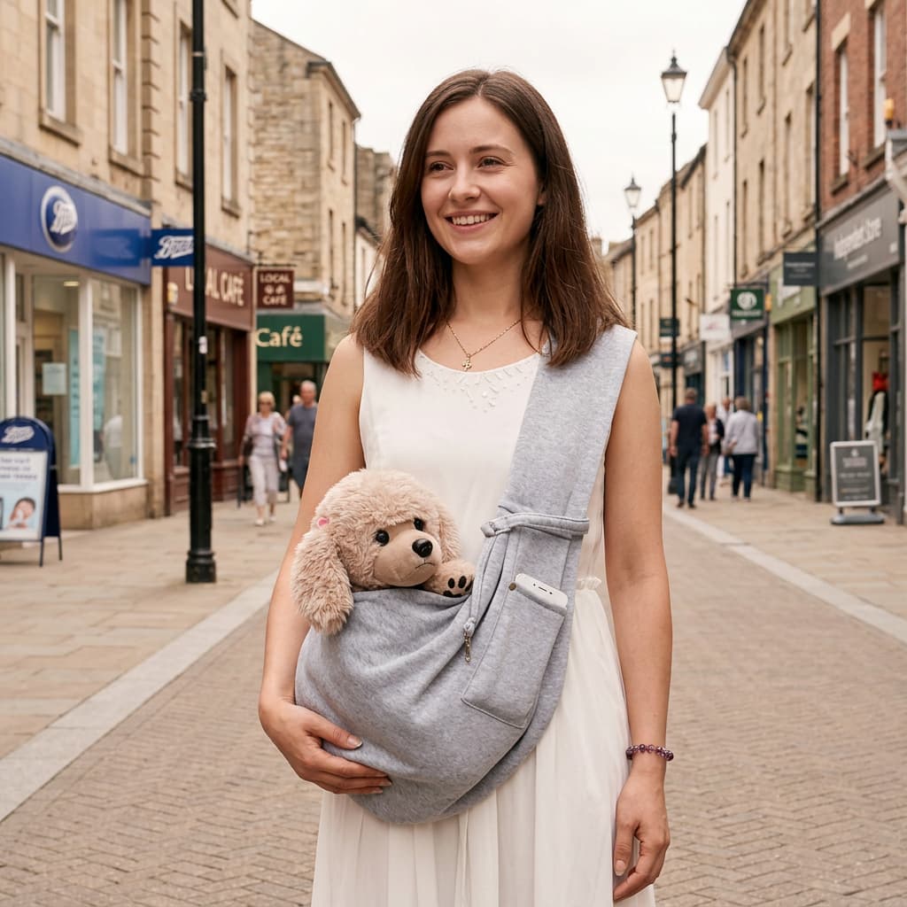 A woman wearing a white sleeveless dress stands on a cobblestone street holding a plush teddy bear inside a light grey pet carrier sling. The carrier is worn crossbody on her shoulder.