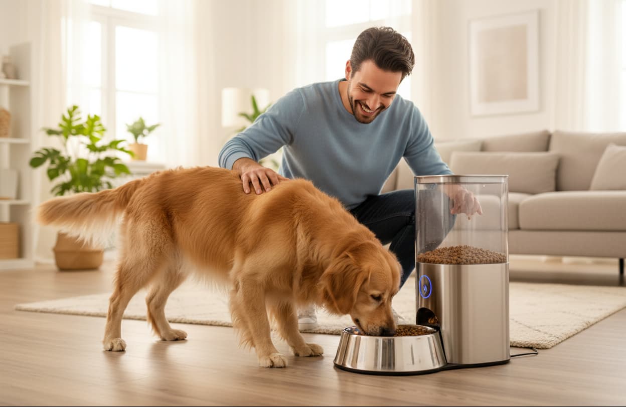 Man petting a golden retriever next to a pet food dispenser in a living room.