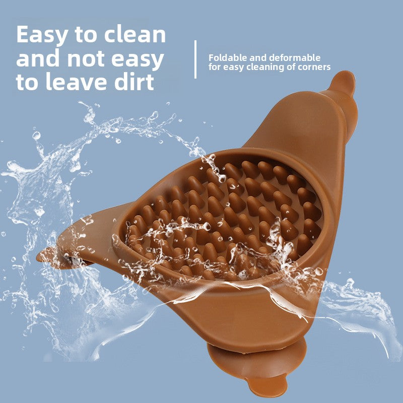 Brown pet grooming brush with water splashes on a blue background