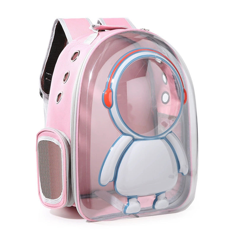 Pink pet carrier with a cartoon design on a white background