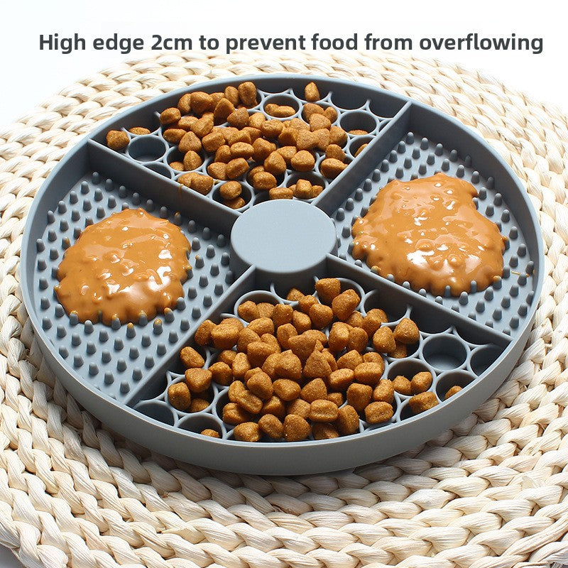 Pet food tray with divided sections containing kibble and wet food on a woven surface.