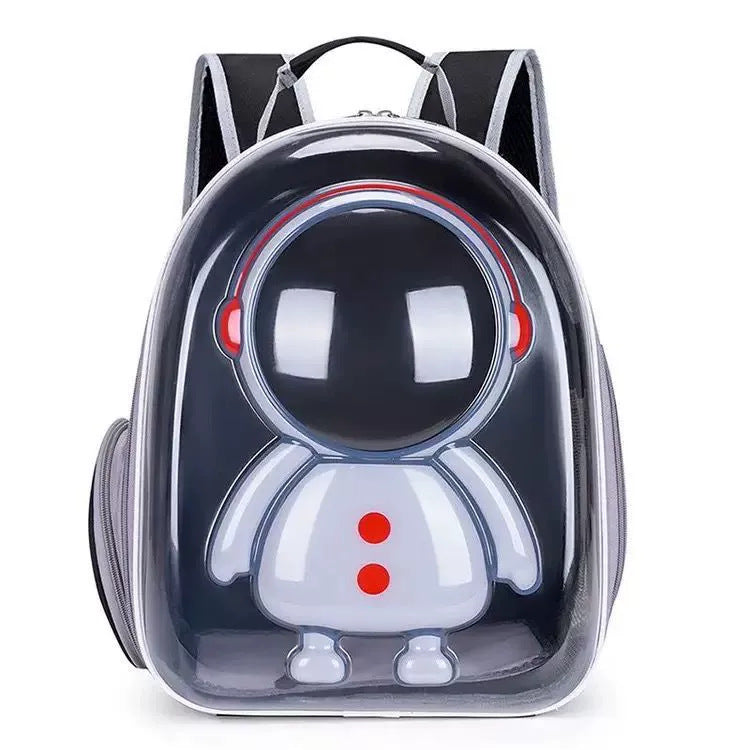 Backpack with a transparent front displaying a cartoon character design on a white background