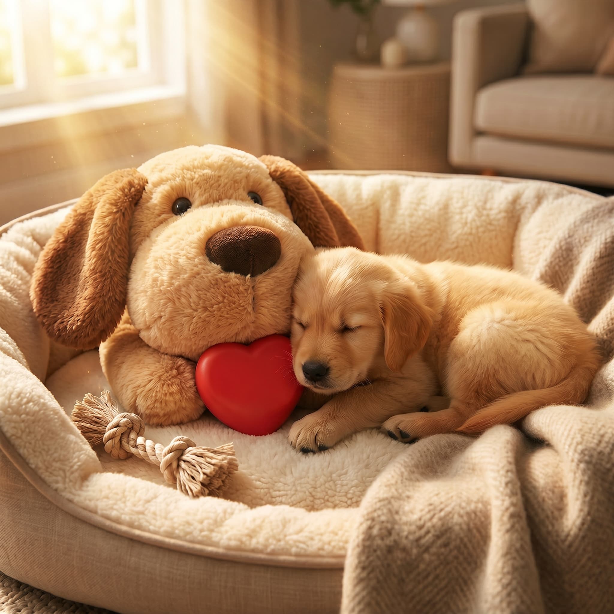 Dog lying on a soft bed with a plush toy and heart-shaped pillow in a cozy room.