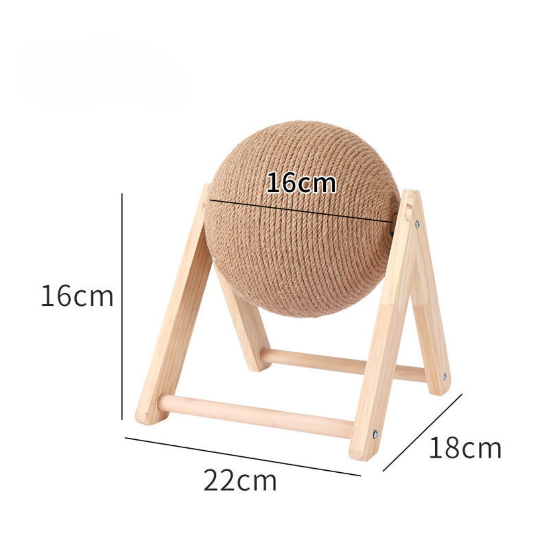Woven ball on a wooden stand with measurements indicated