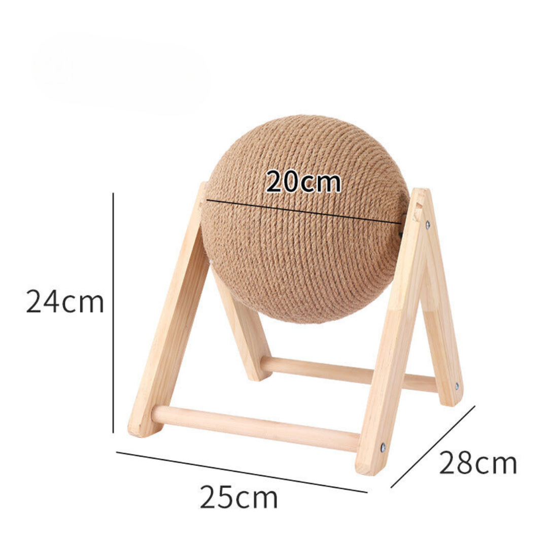 Woven ball on a wooden stand with measurements indicated