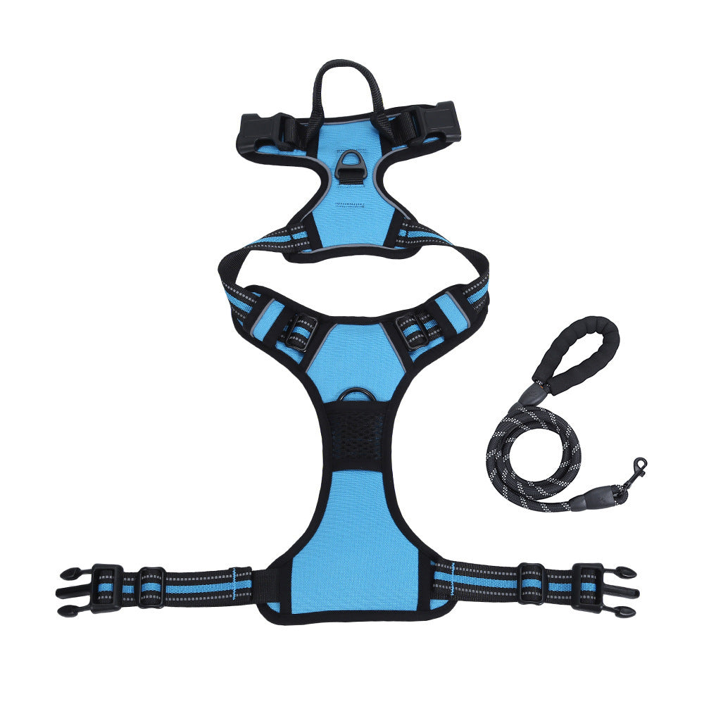 Blue dog harness and leash set on a white background