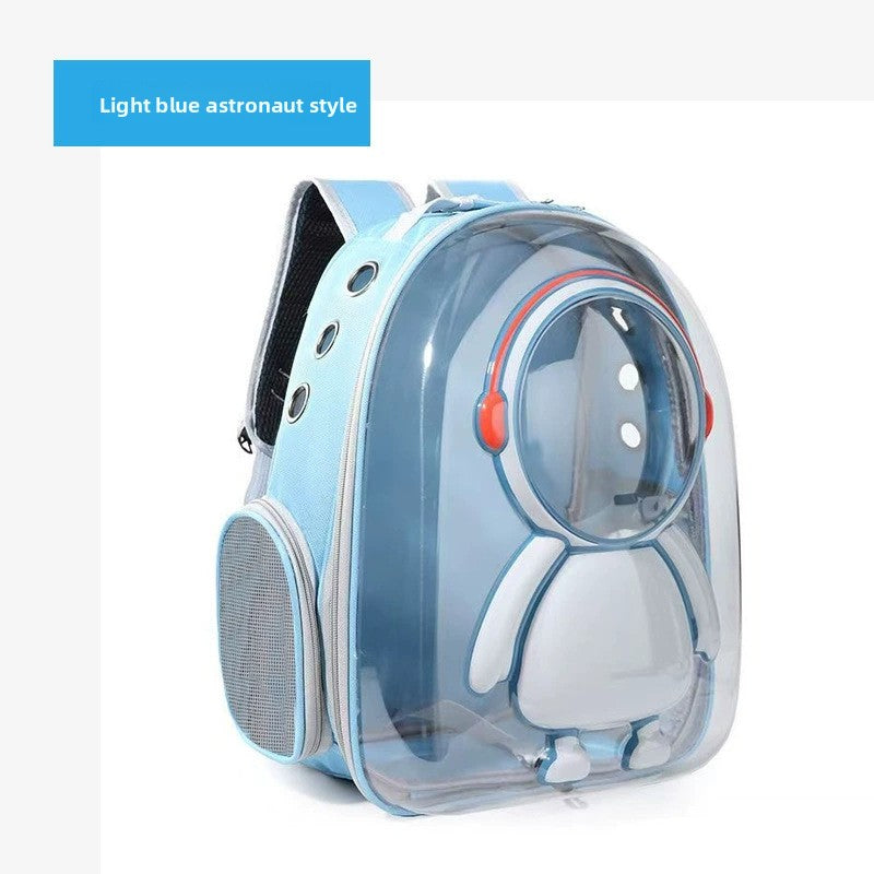 Light blue astronaut-style pet carrier with a small white dog inside on a white background.