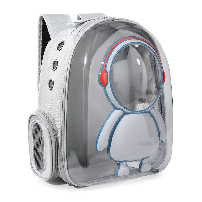 Pet backpack with transparent bubble design on a white background