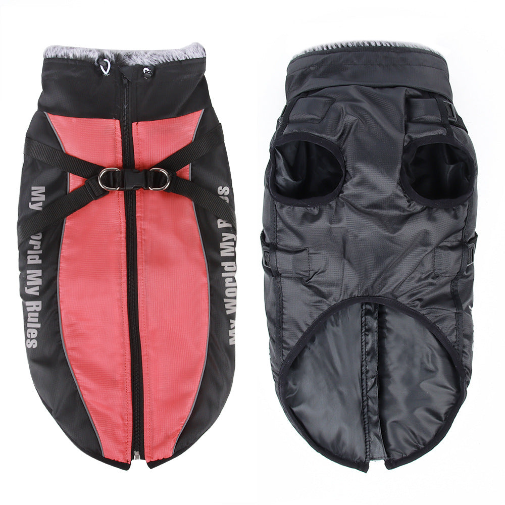 Black and red dog coat with 'My Rules' text on a white background