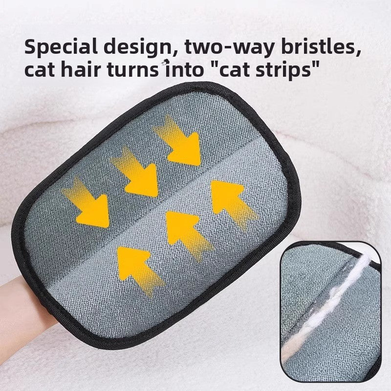 Cat furniture hair removal glove with two-way bristles and text explaining its design.