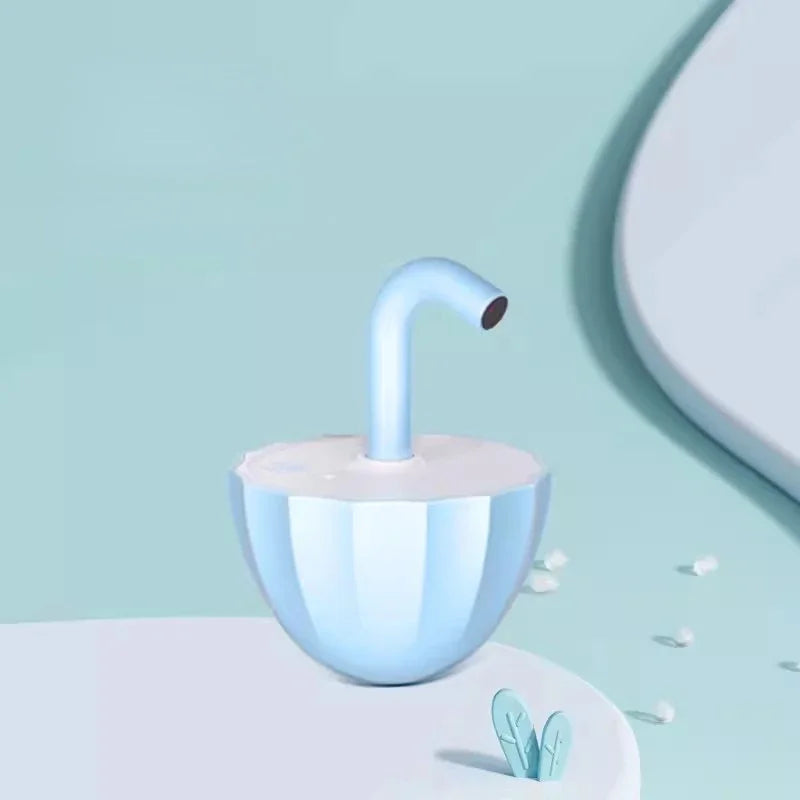 Blue and white ceramic cup with a straw on a light blue background