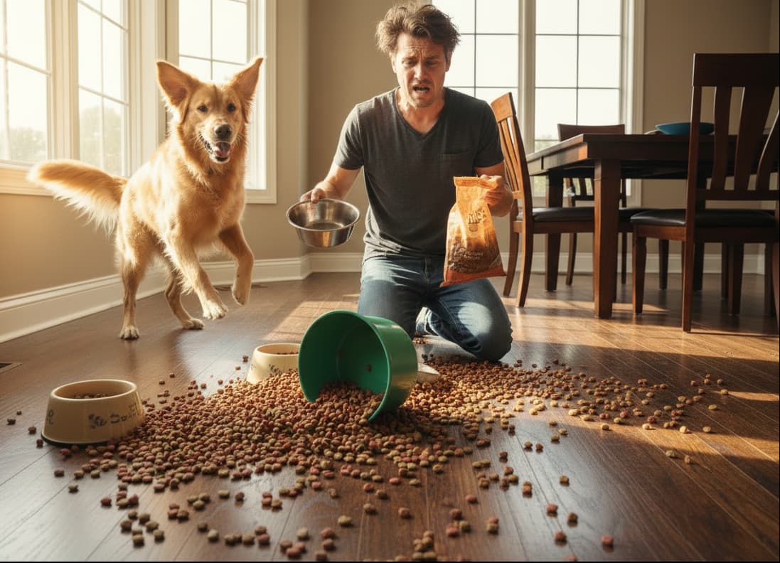 a frustrated man on the floor picking up dog food after his energetic dog spilled his bowl over
