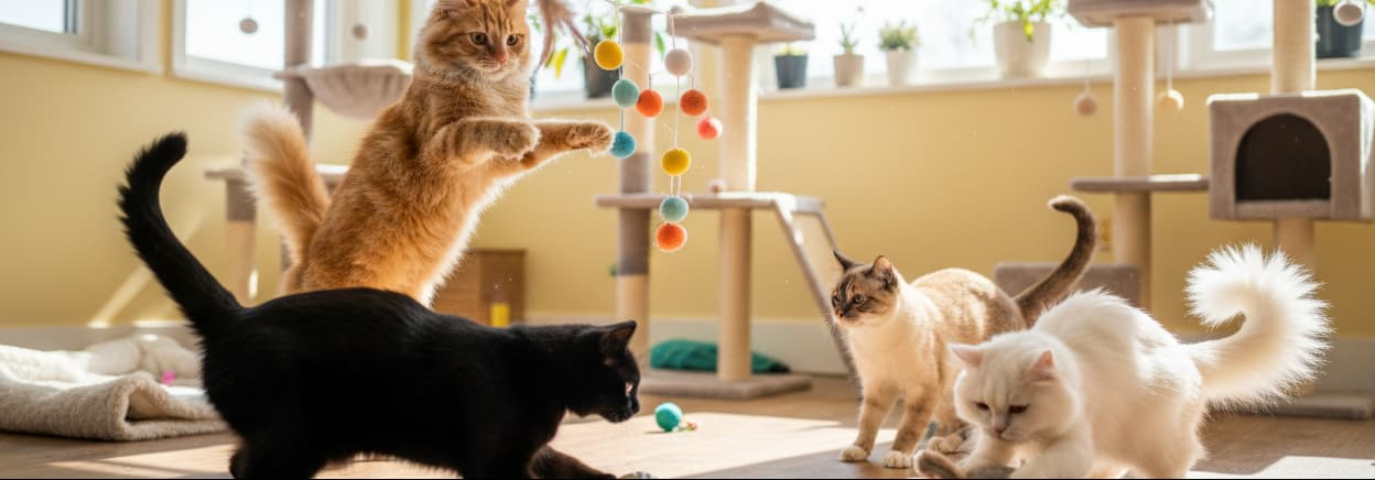 Four cats playing together in a room with cat trees and toys.