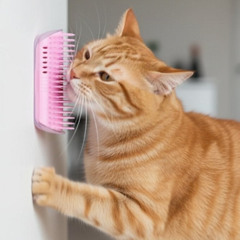Cat interacting with a pink pet grooming brush against a neutral background